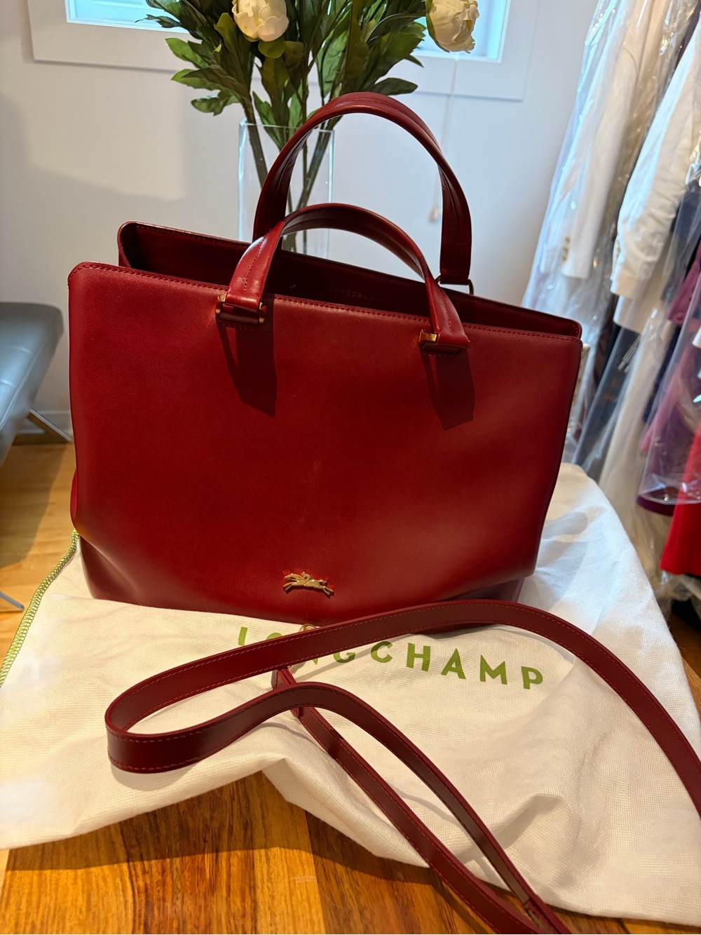 Longchamp Red Leather Satchel with Removable Strap